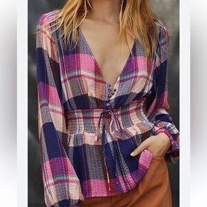 Anthropologie Colorful Plaid V-Neck Blouse